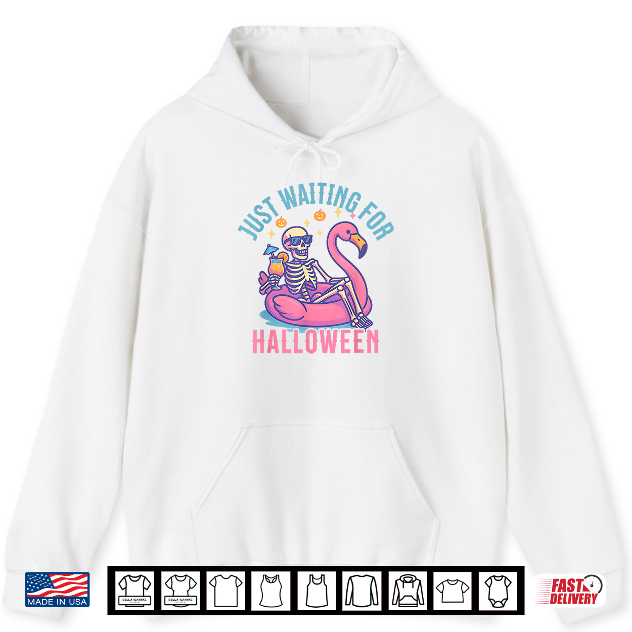 Just Waiting For Halloween Skeleton Flamingo Beach Summerween Shirt