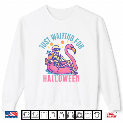 Sweatshirt Just Waiting For Halloween Skeleton Flamingo Beach Summerween Shirt