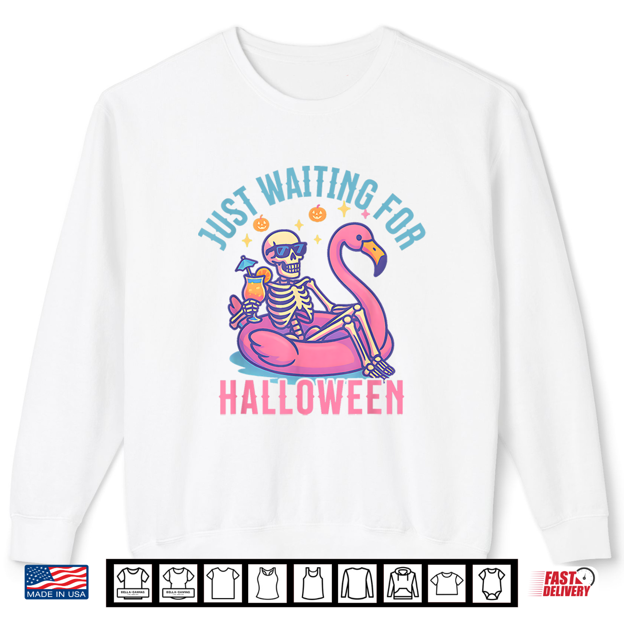 Just Waiting For Halloween Skeleton Flamingo Beach Summerween Shirt