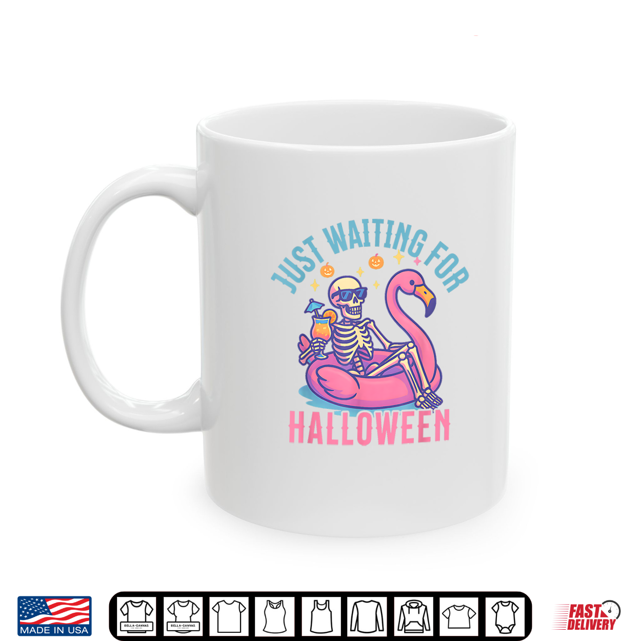 Just Waiting For Halloween Skeleton Flamingo Beach Summerween Shirt