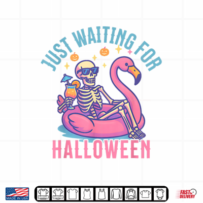 Design Just Waiting For Halloween Skeleton Flamingo Beach Summerween Shirt