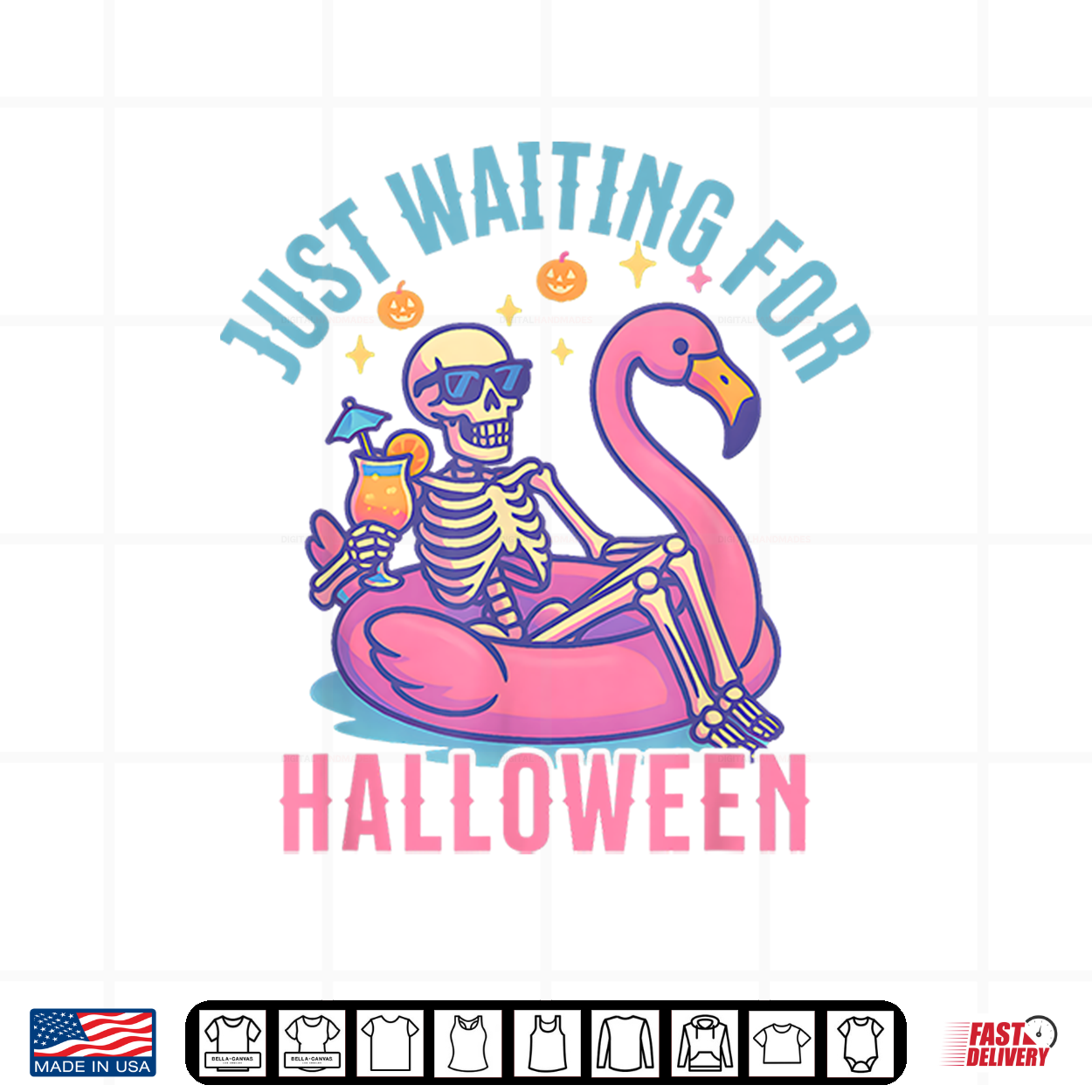 Just Waiting For Halloween Skeleton Flamingo Beach Summerween Shirt