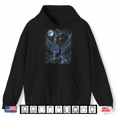 Hoodie Black Cat Howling At Moon 90s Retro Nature Forest Cat Lover Shirt