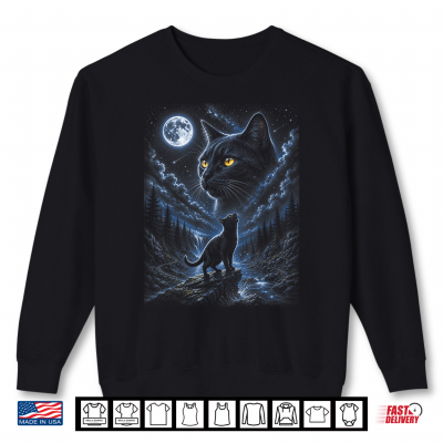 Sweatshirt Black Cat Howling At Moon 90s Retro Nature Forest Cat Lover Shirt