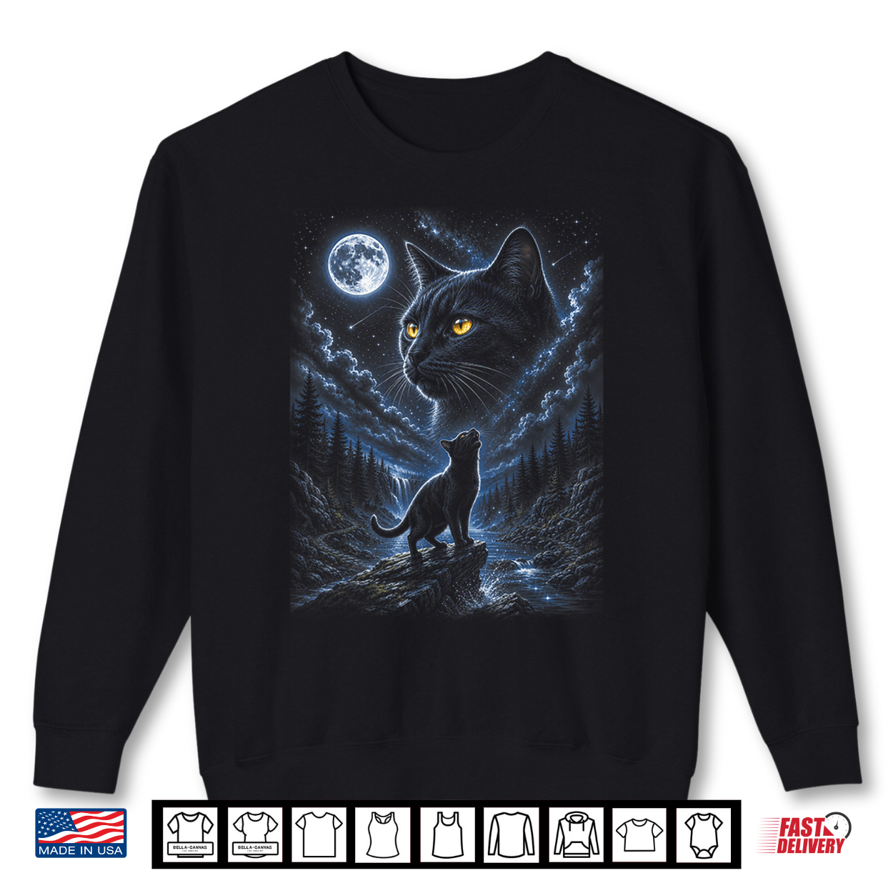 Black Cat Howling At Moon 90’S Retro Nature Forest Cat Lover Shirt