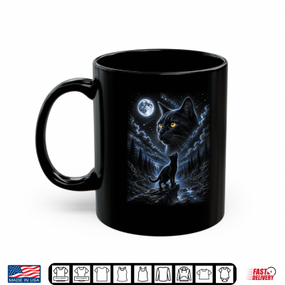 Mug Black Cat Howling At Moon 90s Retro Nature Forest Cat Lover Shirt
