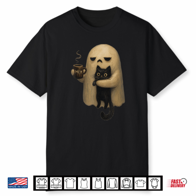 Spooky Ghost Holding Black Cat Coffee Lover Funny Halloween Shirt