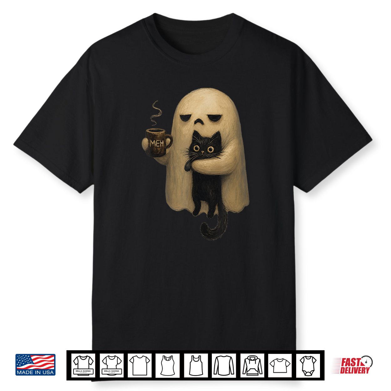 Spooky Ghost Holding Black Cat Coffee Lover Funny Halloween Shirt
