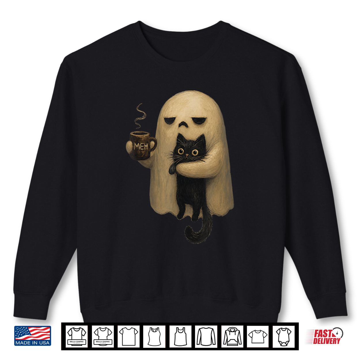 Spooky Ghost Holding Black Cat Coffee Lover Funny Halloween Shirt