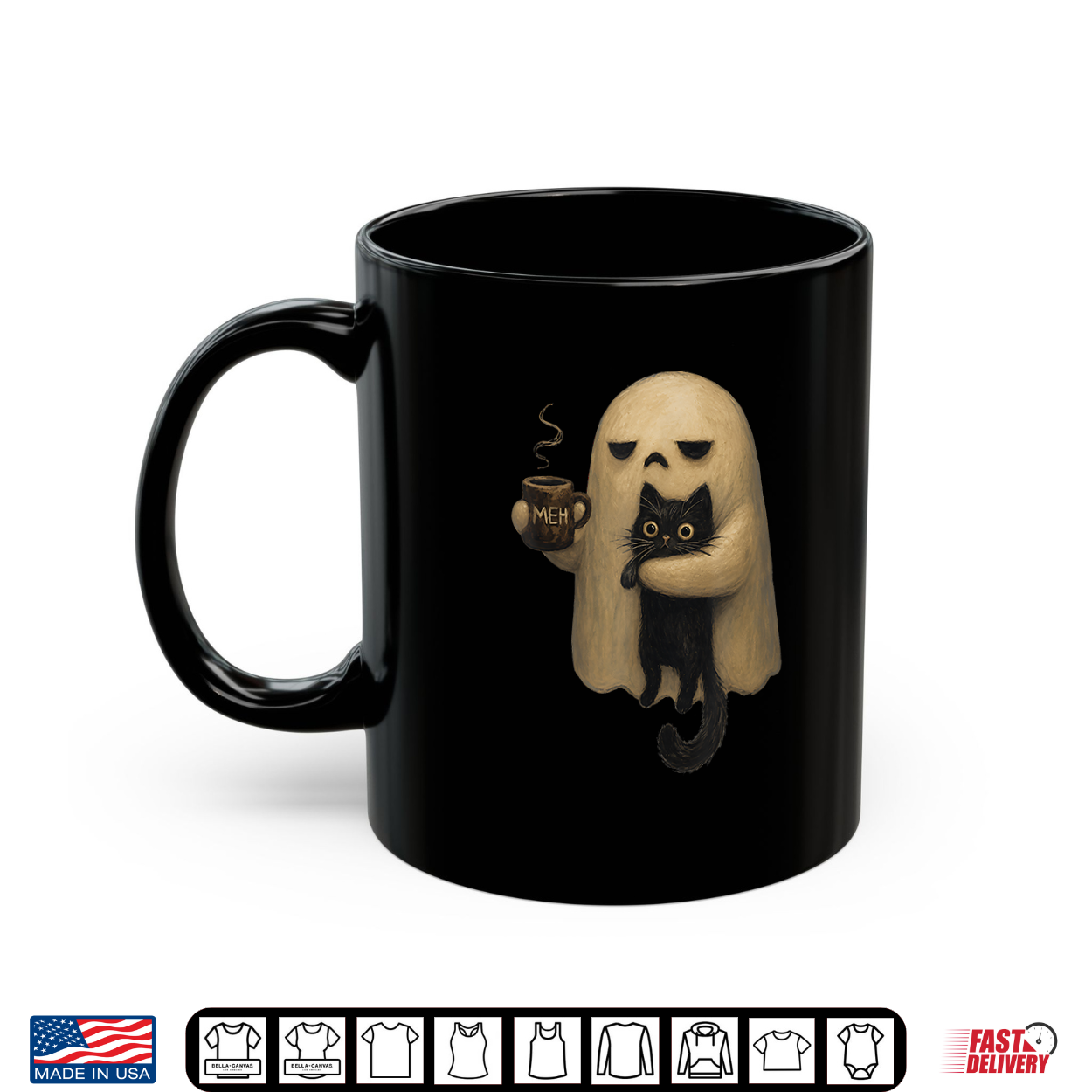 Spooky Ghost Holding Black Cat Coffee Lover Funny Halloween Shirt