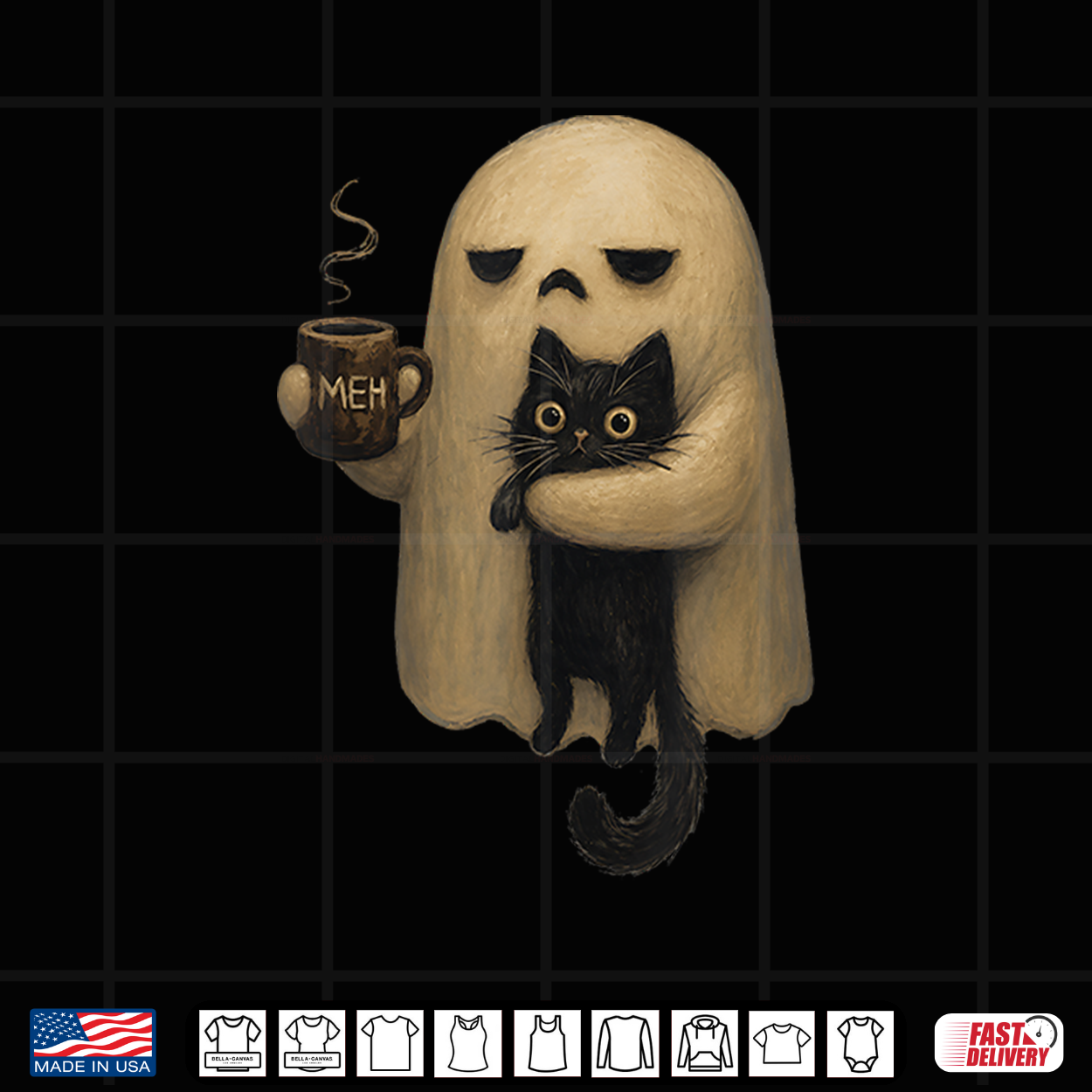 Spooky Ghost Holding Black Cat Coffee Lover Funny Halloween Shirt