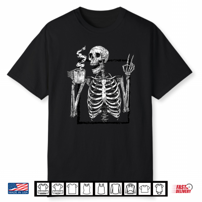 Skeleton Drinking Coffee Gothic Peace Sign Halloween Grunge Shirt