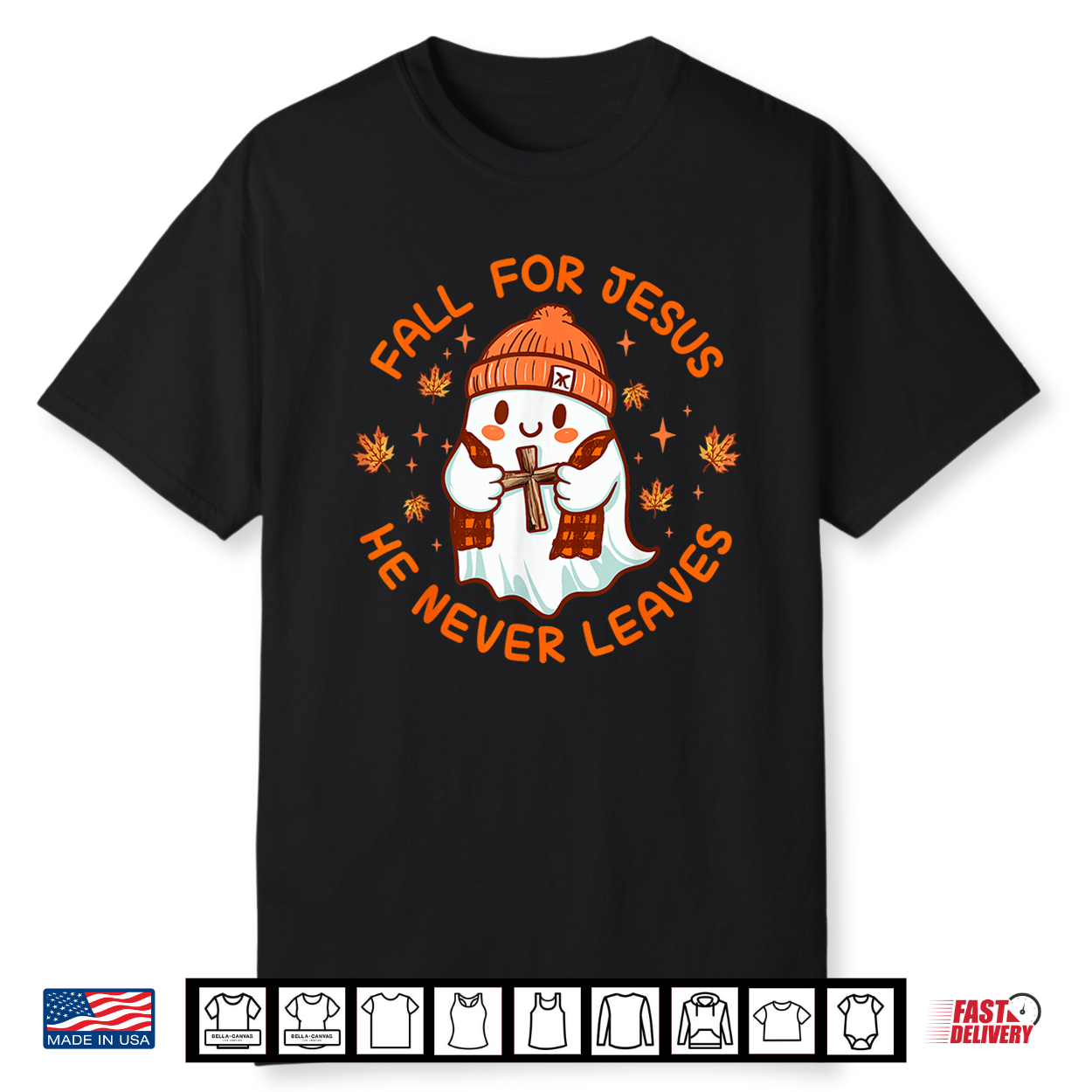 Fall For Jesus He Never Leaves Cute Ghost Retro Halloween Shirt