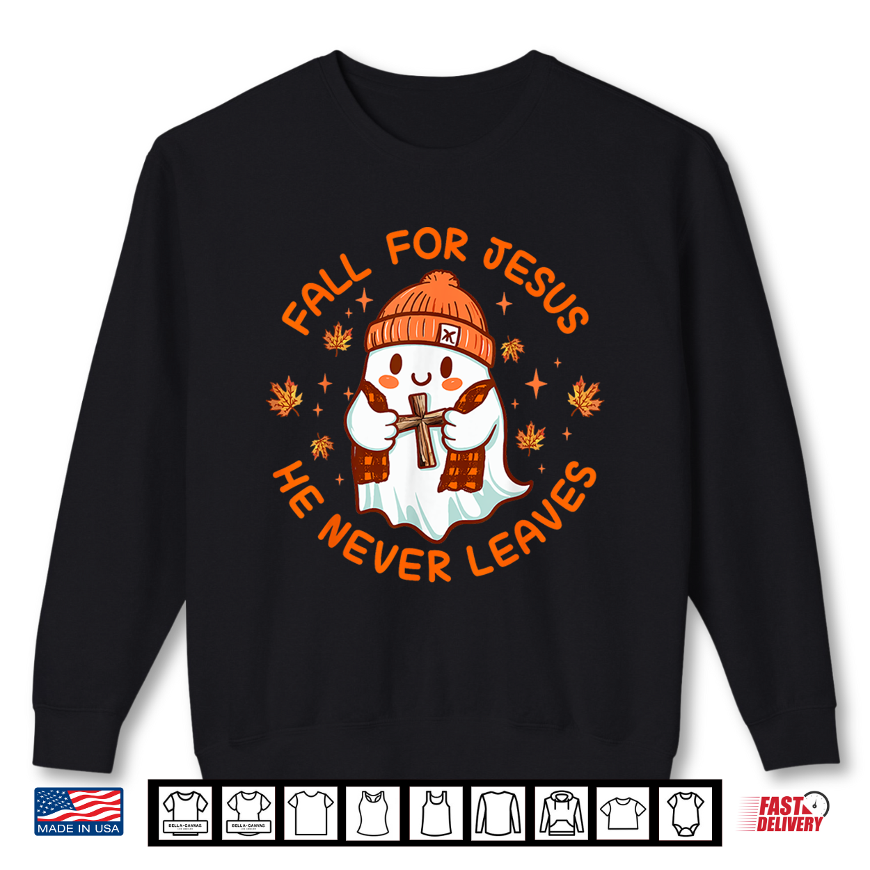 Fall For Jesus He Never Leaves Cute Ghost Retro Halloween Shirt