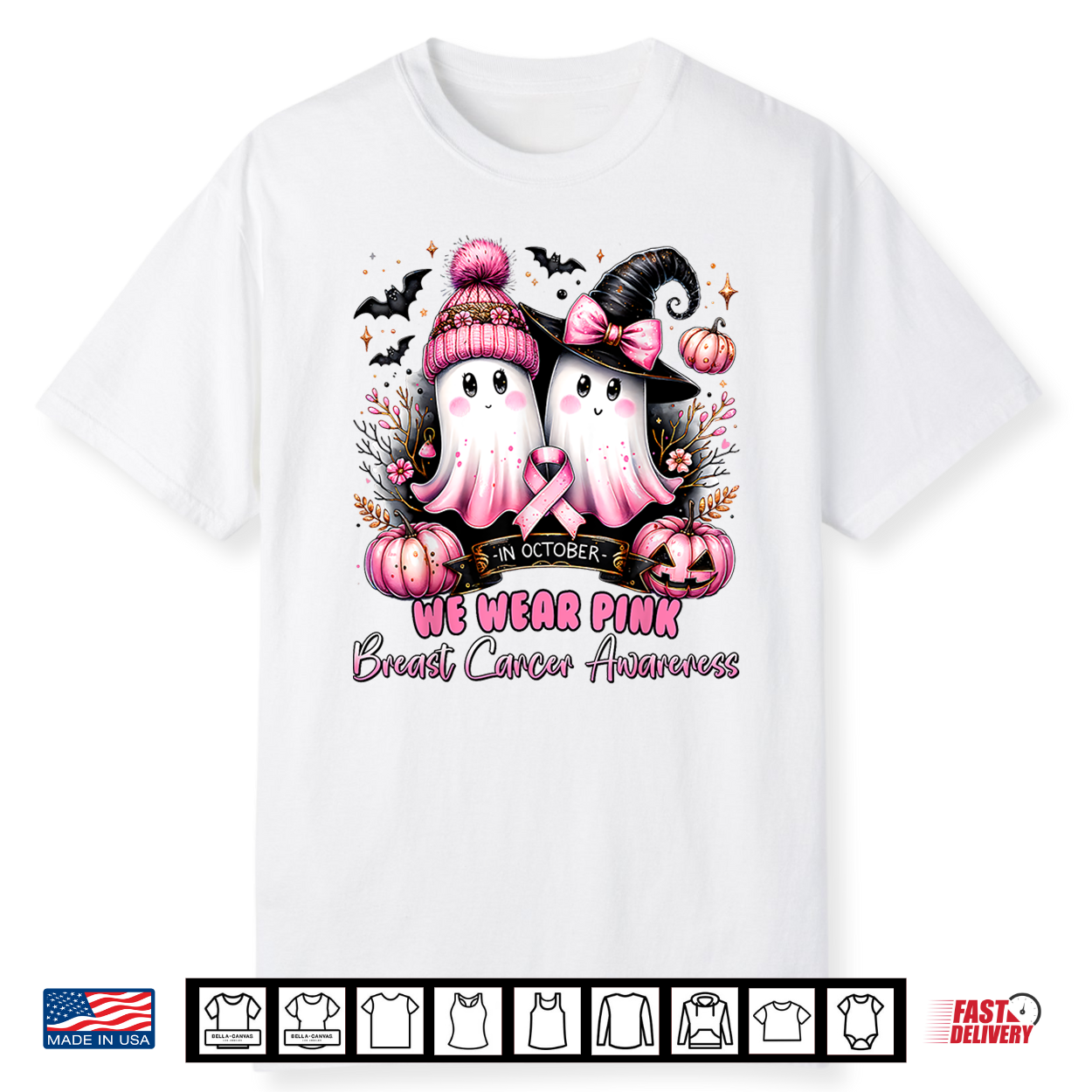 In October We Wear Pink Ghost Witch Breast Cancer Awareness Shirt In October We Wear Pink Ghost Witch Breast Cancer Awareness Shirt