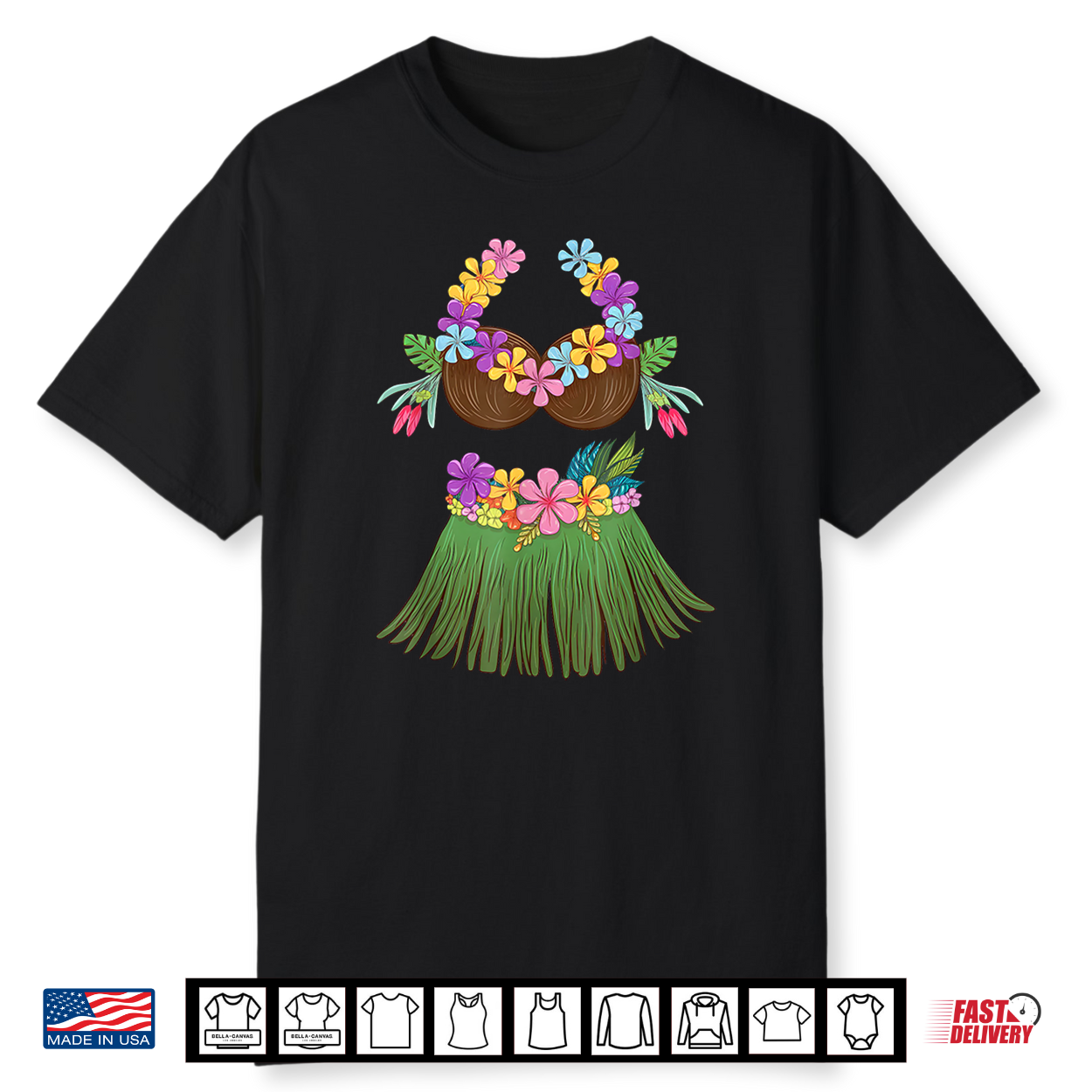 Coconut Bra Lei Flowers Grass Skirt Hula Party Halloween Shirt