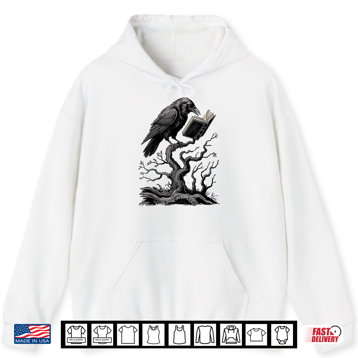 Spooky Raven Reading Book Lover Crow Halloween Tree Goth Shirt
