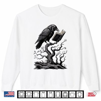 Sweatshirt Spooky Raven Reading Book Lover Crow Halloween Tree Goth Shirt