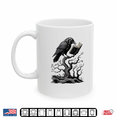Mug Spooky Raven Reading Book Lover Crow Halloween Tree Goth Shirt
