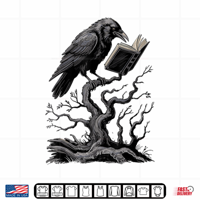 Design Spooky Raven Reading Book Lover Crow Halloween Tree Goth Shirt