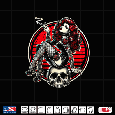 Design Tattoo Goth Pin up Girl with Skull Vintage Horror Rockabilly Shirt