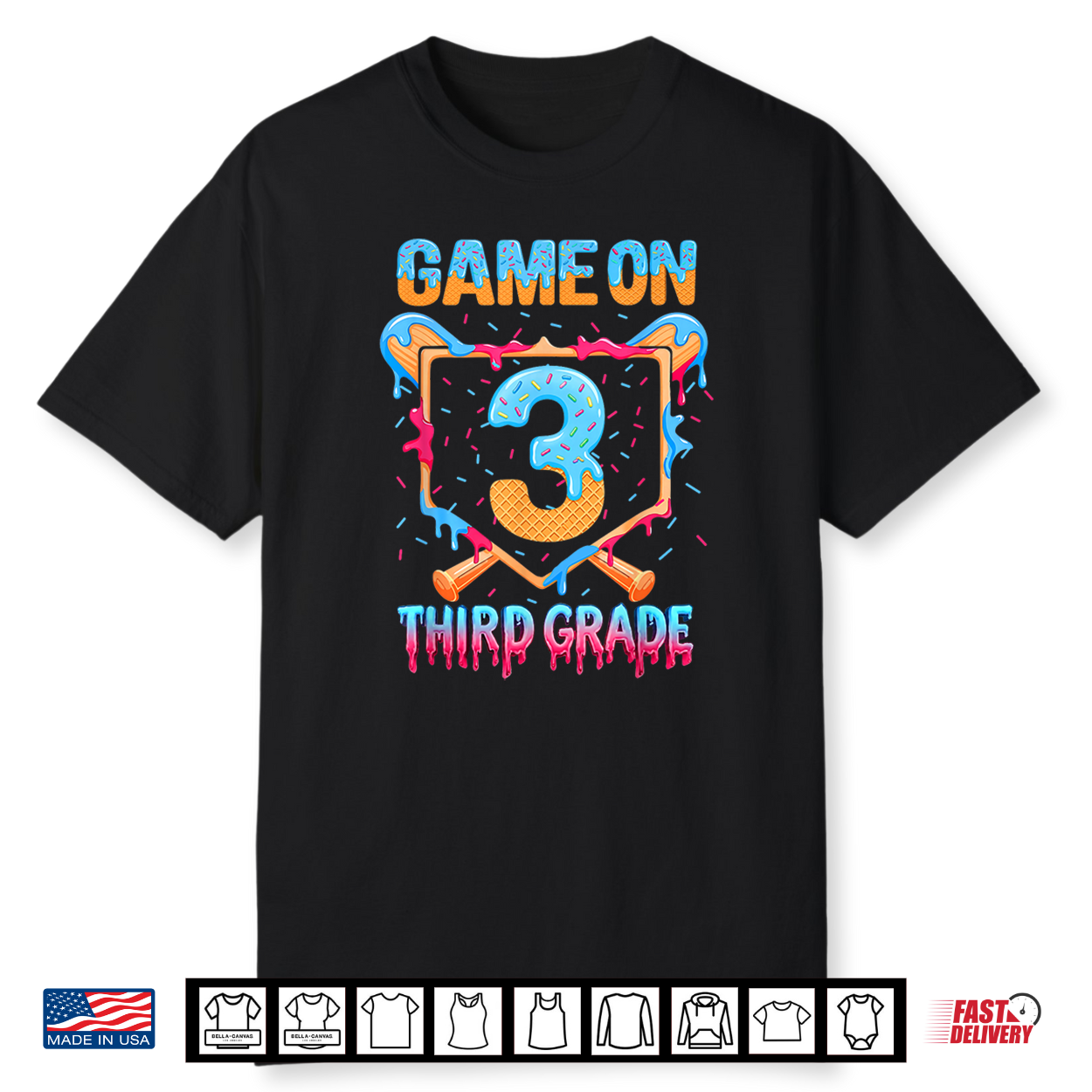 Game On 3Rd Grade Back To School Baseball Drip Ice Cream Shirt