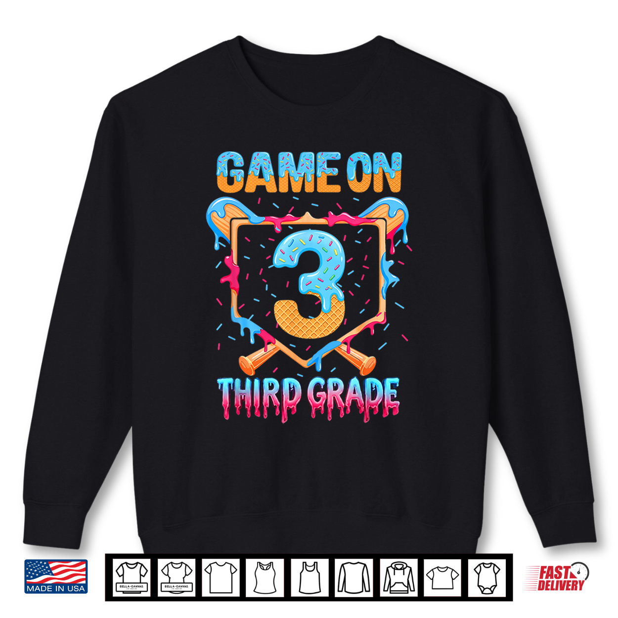Game On 3Rd Grade Back To School Baseball Drip Ice Cream Shirt