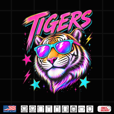 Design Tigers Spirit 80s Synthwave Neon Mascot Shirt