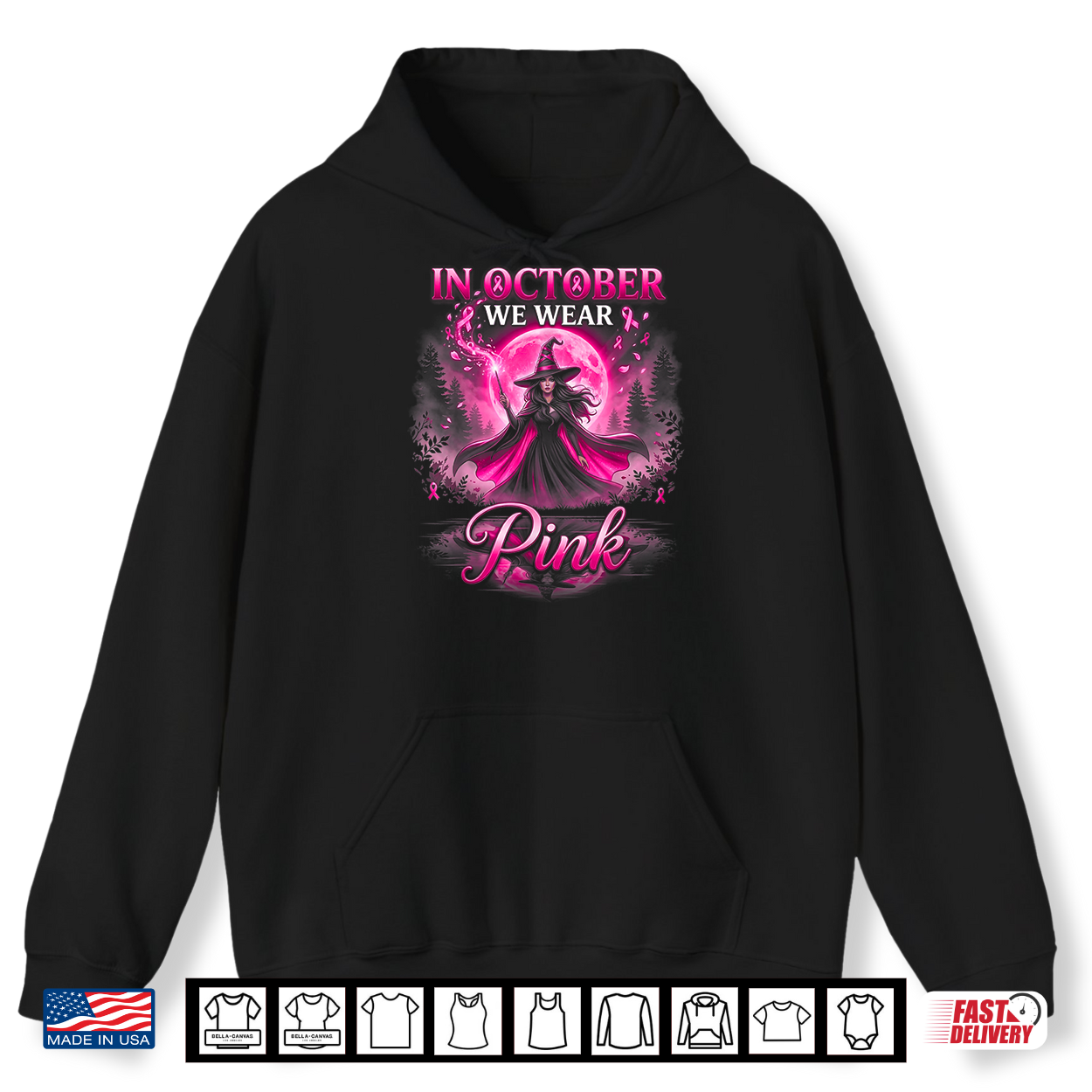 In October We Wear Pink Ribbon Witch Halloween Breast Cancer Shirt In October We Wear Pink Ribbon Witch Halloween Breast Cancer Shirt