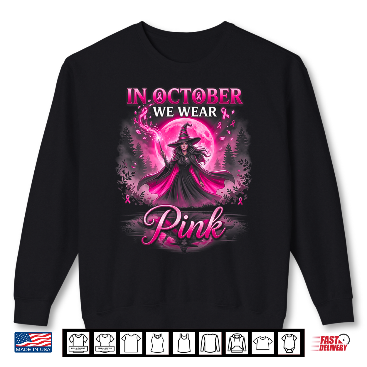 In October We Wear Pink Ribbon Witch Halloween Breast Cancer Shirt In October We Wear Pink Ribbon Witch Halloween Breast Cancer Shirt