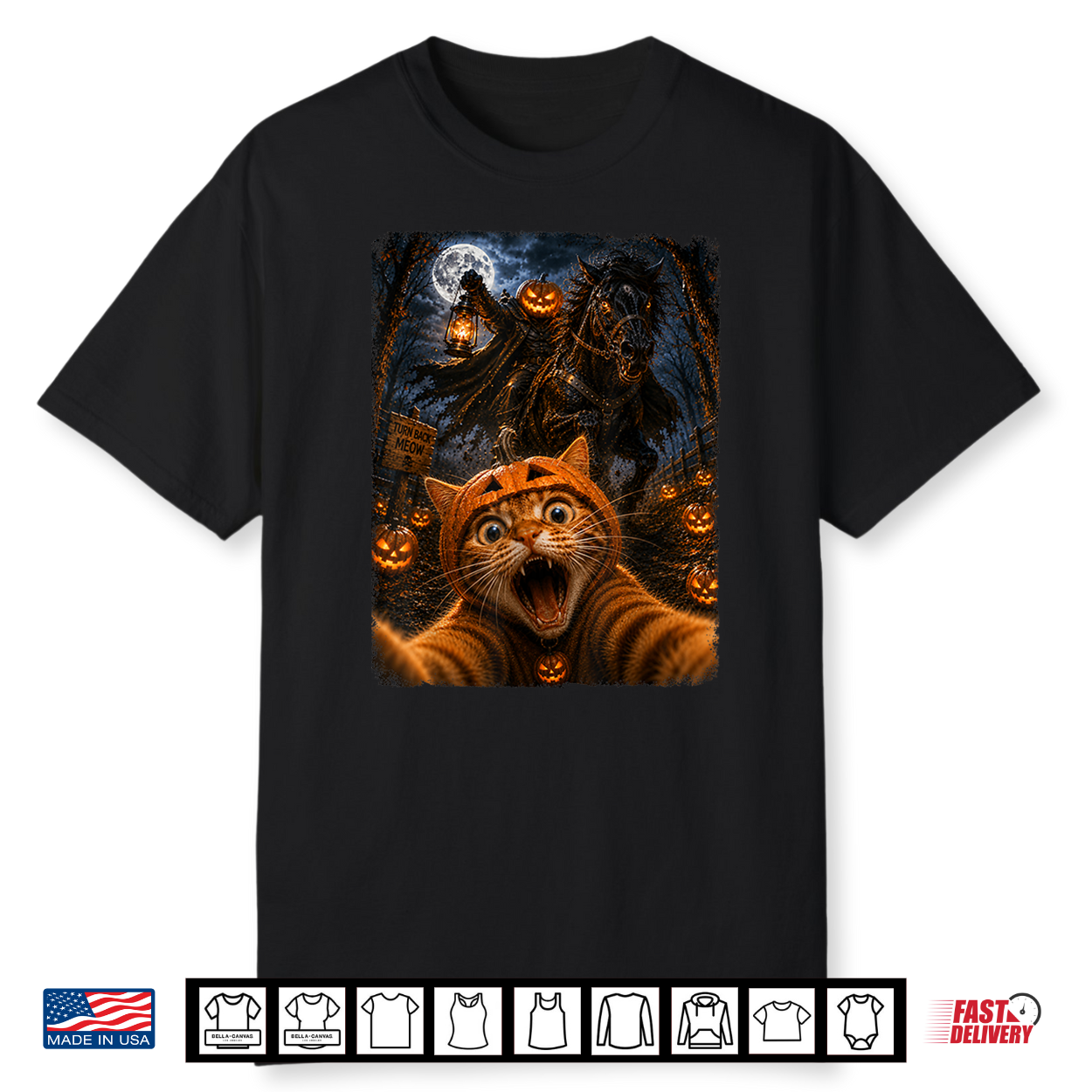 Funny Halloween Selfie Cat Horseman Pumpkins Moon Night Shirt