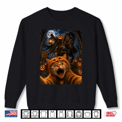 Sweatshirt Funny Halloween Selfie Cat Horseman Pumpkins Moon Night Shirt