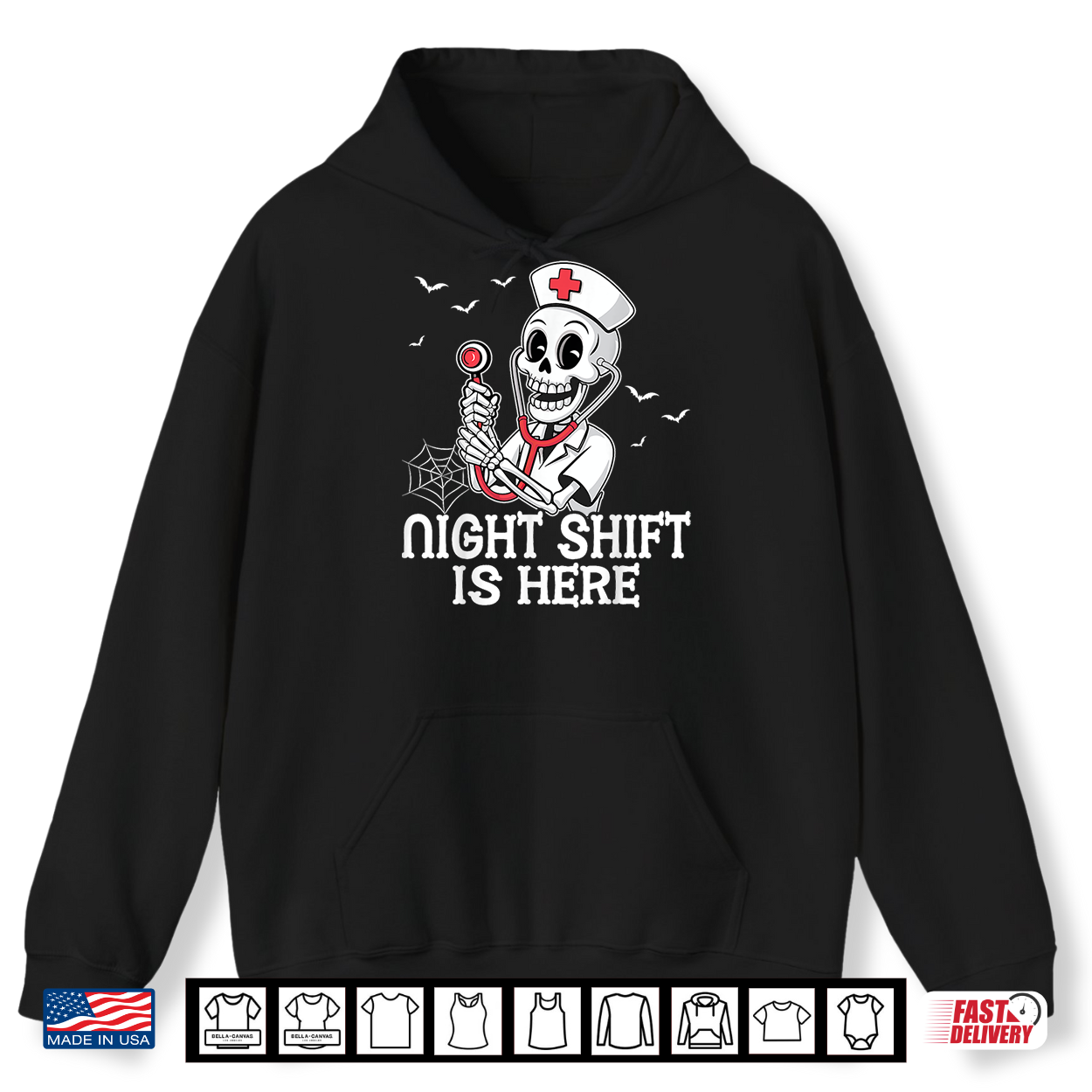 Night Shift Is Here Funny Nursing Skeleton Nurse Halloween Shirt