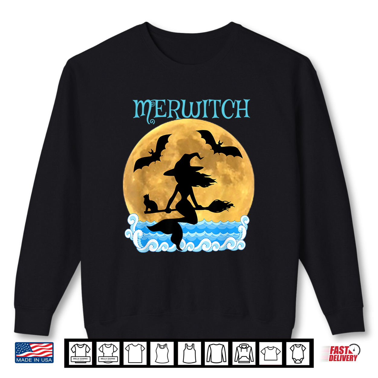 Flying Mermaid Witch Merwitch Broomstick Bats Black Cat Shirt