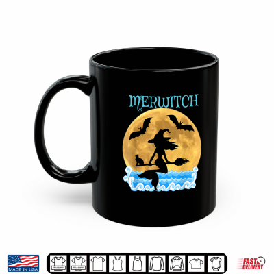 Mug Flying Mermaid Witch Merwitch Broomstick Bats Black Cat Shirt