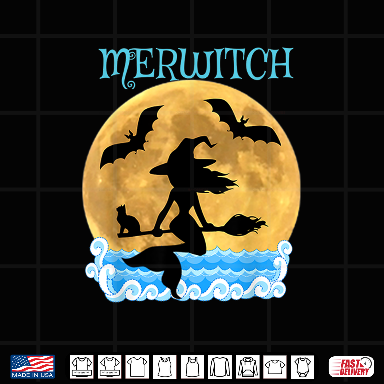 Flying Mermaid Witch Merwitch Broomstick Bats Black Cat Shirt