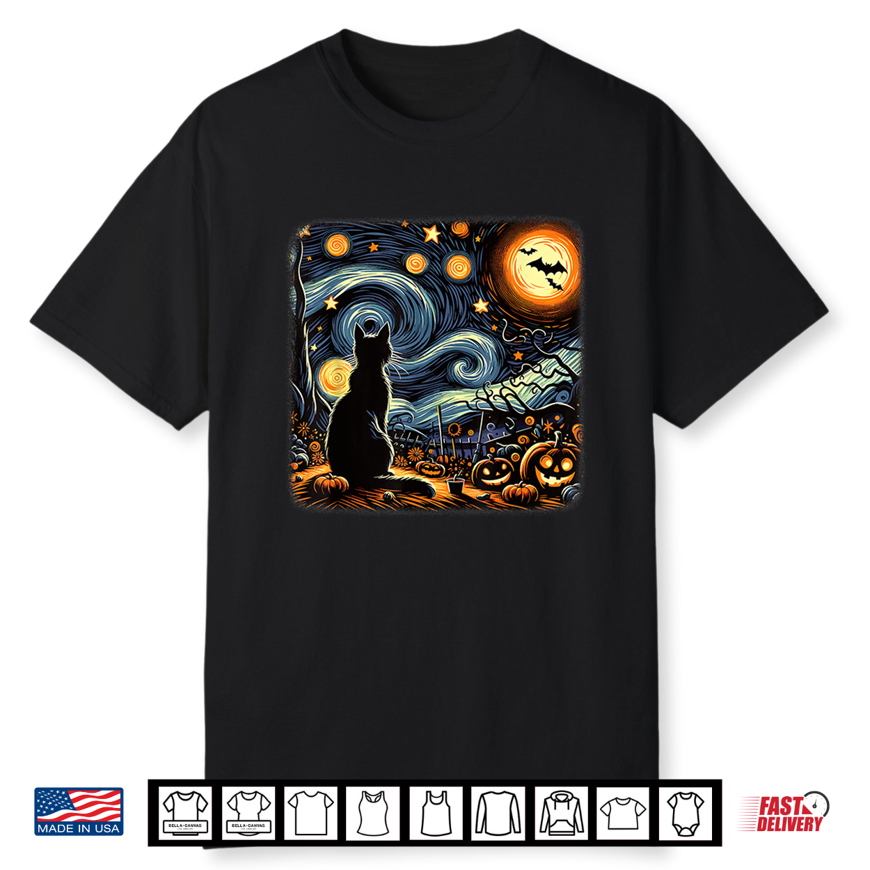 Halloween Van Gogh Starry Night Black Cat Pumpkins Bats Shirt