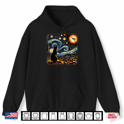 Hoodie Halloween Van Gogh Starry Night Black Cat Pumpkins Bats Shirt