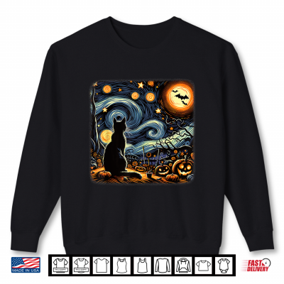 Sweatshirt Halloween Van Gogh Starry Night Black Cat Pumpkins Bats Shirt