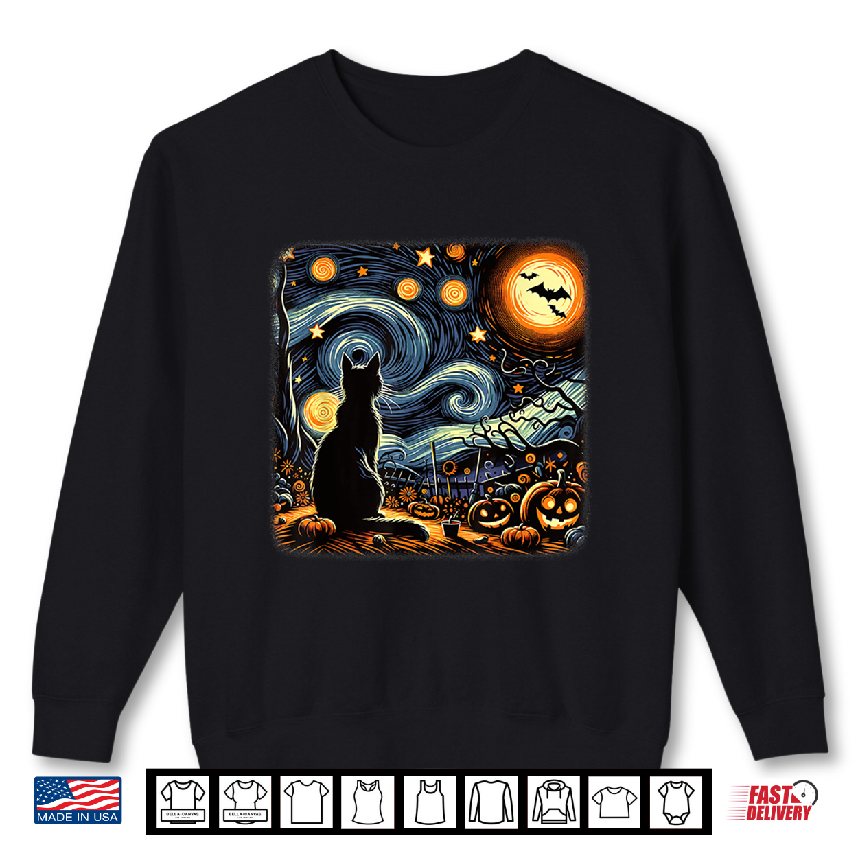 Halloween Van Gogh Starry Night Black Cat Pumpkins Bats Shirt