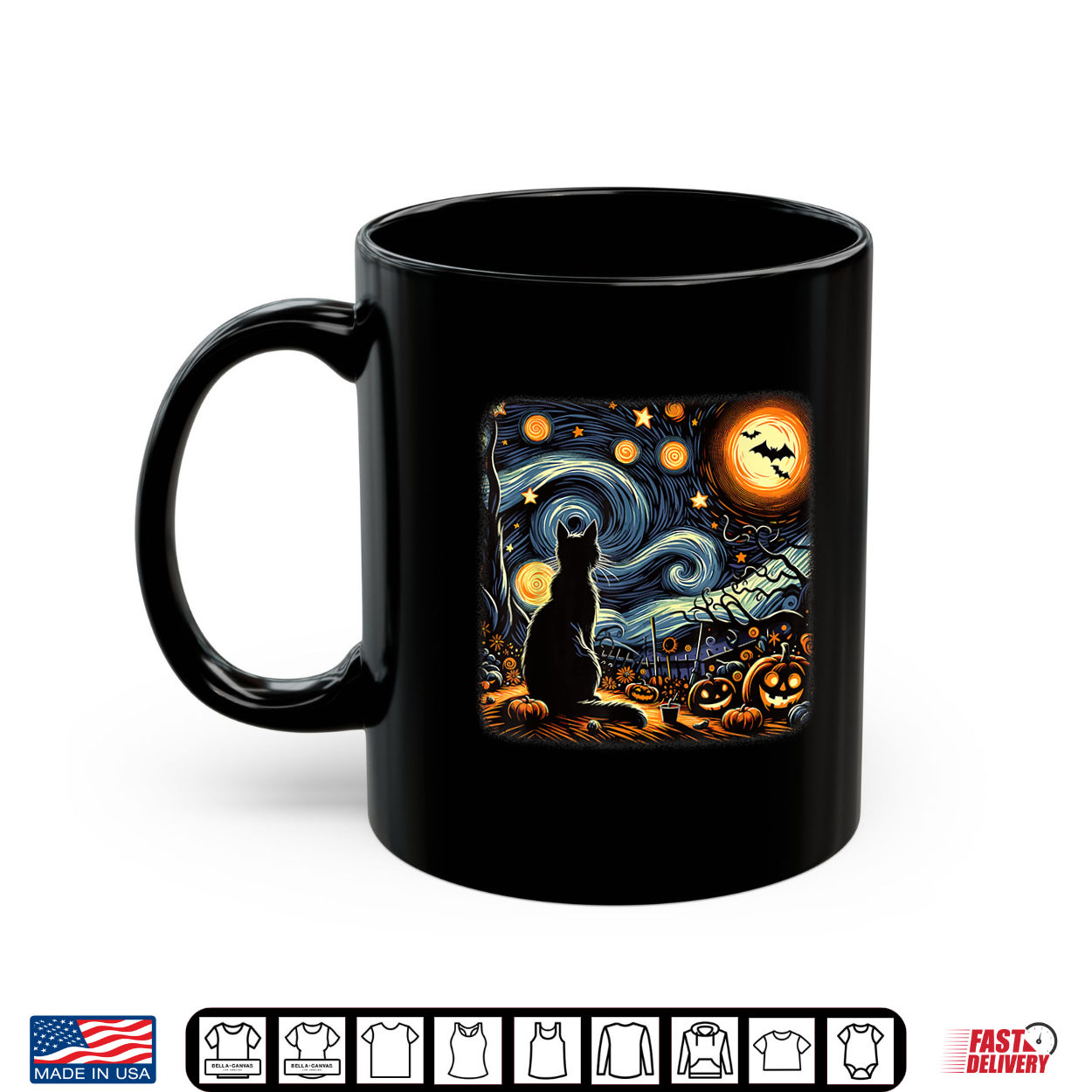 Halloween Van Gogh Starry Night Black Cat Pumpkins Bats Shirt