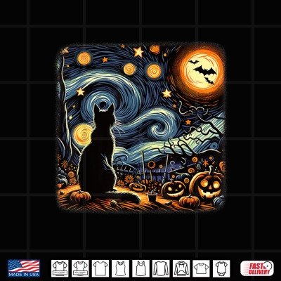 Design Halloween Van Gogh Starry Night Black Cat Pumpkins Bats Shirt