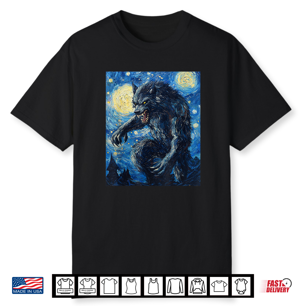 Werewolf Wolf Wolves Van Gogh Style Starry Night Graphic Shirt