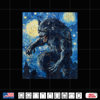 Design Werewolf Wolf Wolves Van Gogh Style Starry Night Graphic Shirt