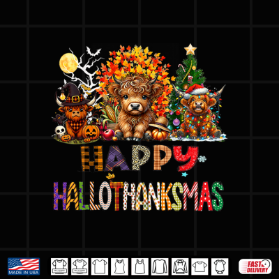 Design Happy Halloween Thanksgiving Christmas Highland Cow Holiday Shirt